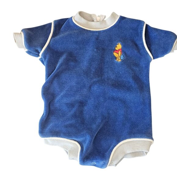 VTG Winnie The Pooh Terry Cloth One Piece Baby Romper Blue Size 3/6 Months - Picture 1 of 10